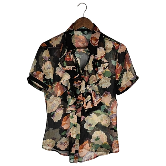 Lauren Ralph Lauren Tops - Ralph Lauren Sheer Black Floral Button Down Blouse Sz M